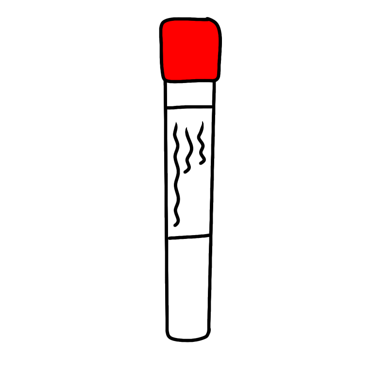A red topped blood collection tube. The tube is cylindrical with a bright red plastic cap and a transparent body